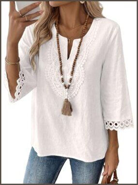 Womens Boho Notched V-Neck 3/4 Sleeve Lace Trim Loose Fit Tunic Top
